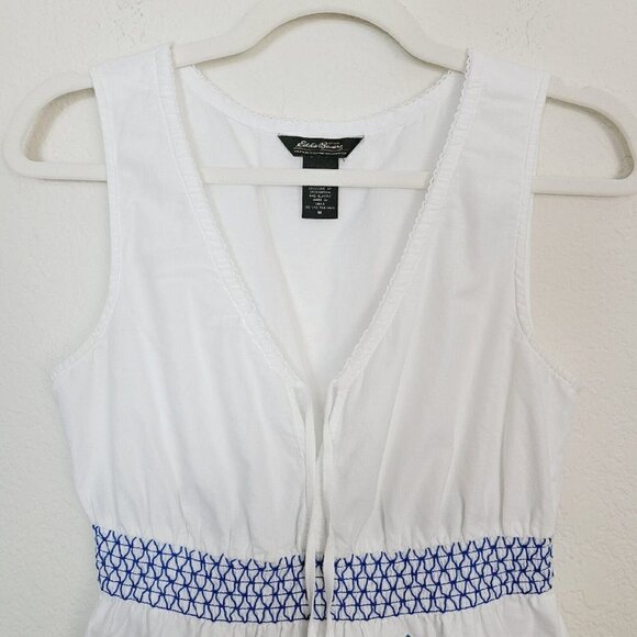 Eddie Bauer Sz Med Sleeveless Peplum Blouse White Blue Cotton Dutch Chinoiserie - Picture 6 of 10